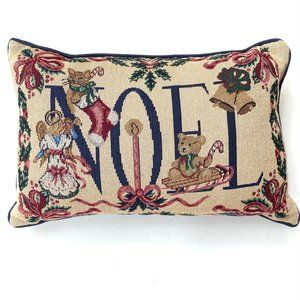 Christmas Noel Tapestry Throw Pillow Holiday Cat Stocking Bear Sled Angel Bells